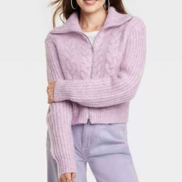 Universal Thread purple cable knit full zip cropped sweater small - Picture 1 of 7